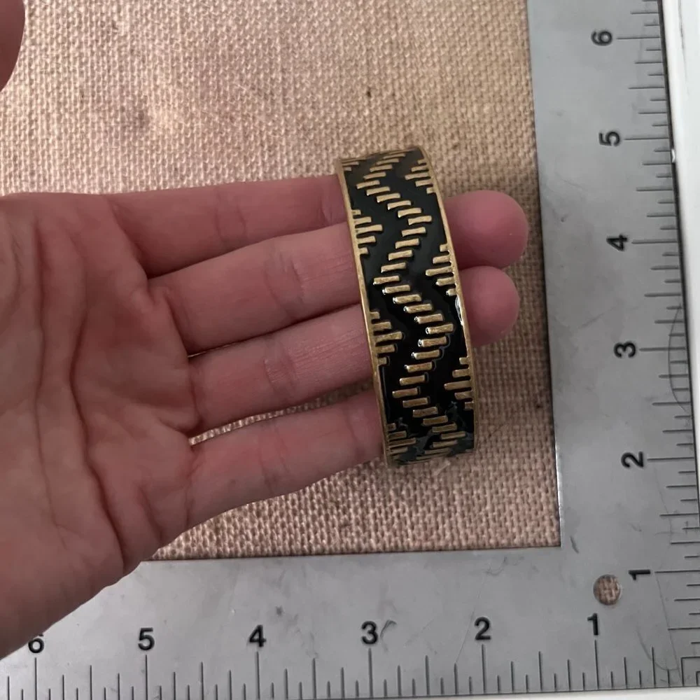 Loft black gold tone open cuff bangle bracelet tribal chevron geometric